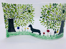 Load image into Gallery viewer, Handmade self standing fused glass  with  Dachshund  and 3 d flower detail 