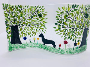 Handmade self standing fused glass  with  Dachshund  and 3 d flower detail 