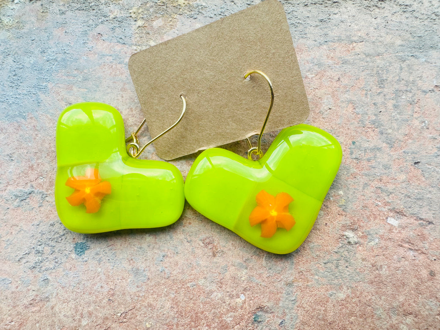 Lime & Orange Flower Heart Drop Fused Glass Earrings