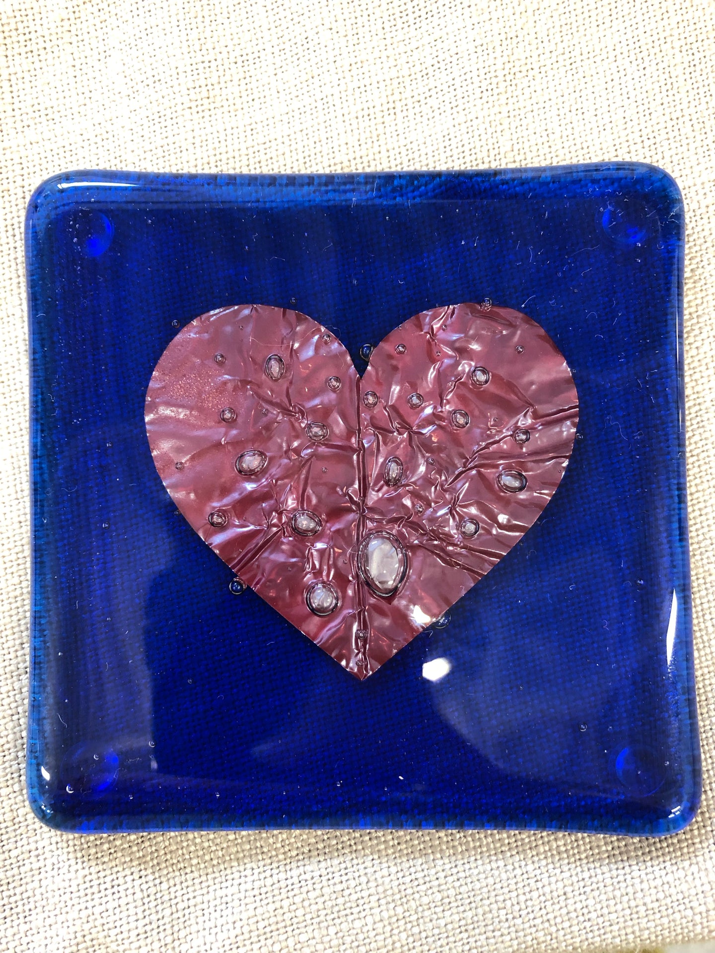 One Handmade Fused Glass & Copper Hearts Coaster