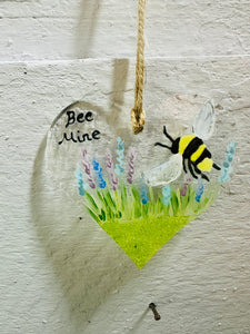 fused glass hanging heart with bee and bee mine quote 