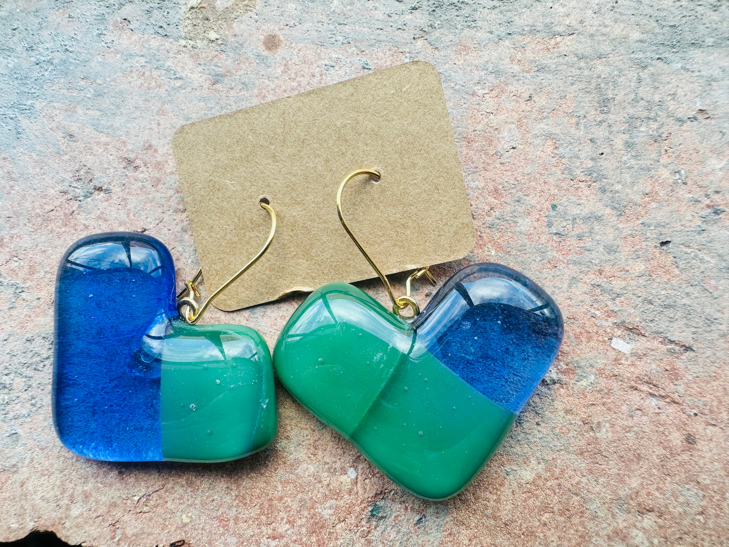 Blue & Teal Heart Drop Fused Glass Earrings
