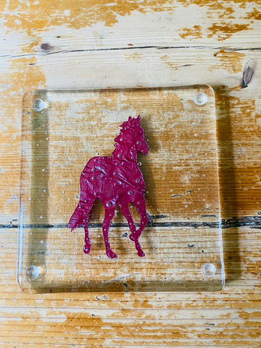 Handmade fused glass coaster with copper Horse inlay