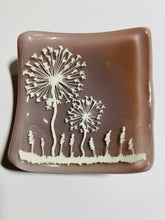 Load image into Gallery viewer, Handmade fused glass dusky pink dish with dandelion