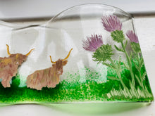 Load image into Gallery viewer, Fused Glass Highland cows and thistles self standing