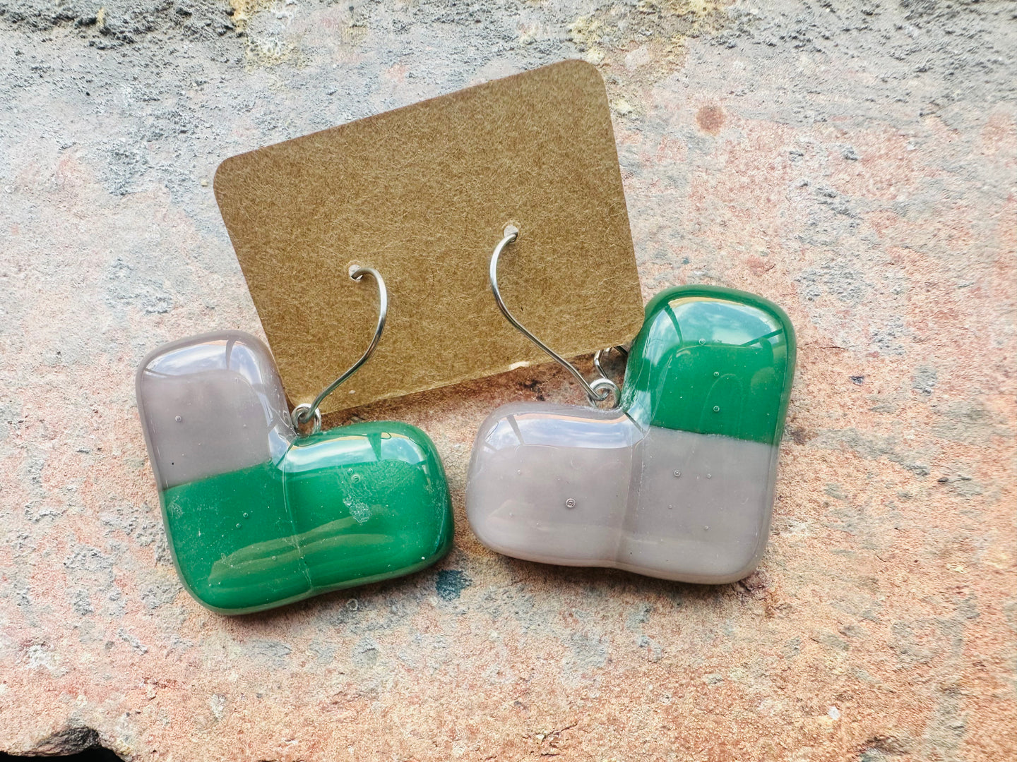 Green & Dusky Purple Heart Drop Fused Glass Earrings