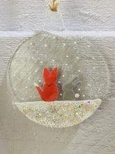 Load image into Gallery viewer, Handmade fused glass Christmas fox and bunny bauble 