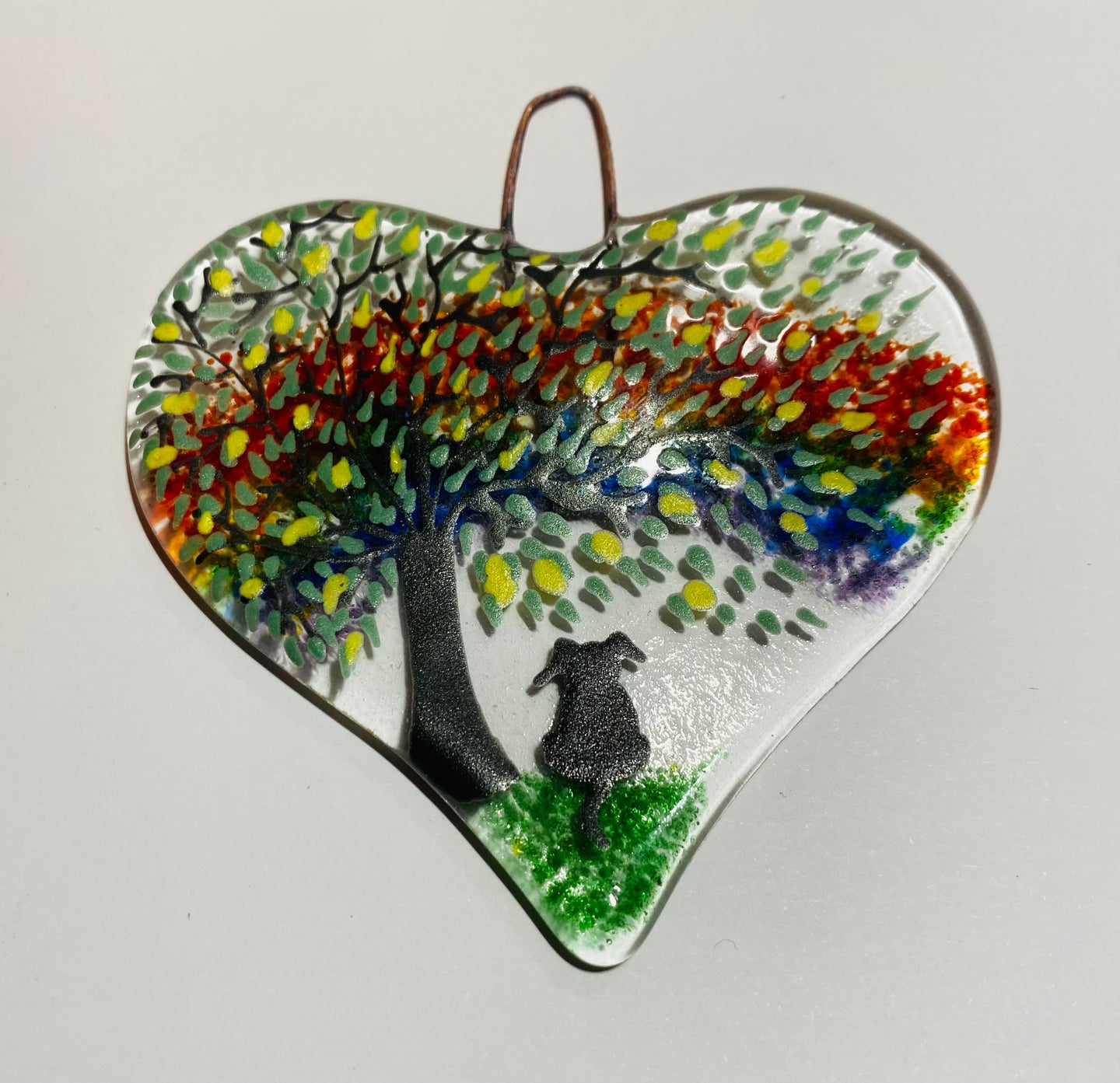 Rainbow Fused Glass Dog Heart