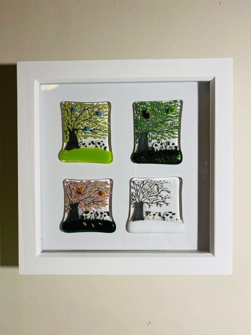 Handmade fused glass four seasons box frame with cow detail 