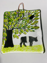 Load image into Gallery viewer, Handmade fused glass wall hanger with belted galloway cow detail 