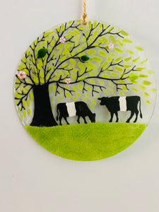 handmade Fused Glass large round belted Galloway  cow wall hanger 