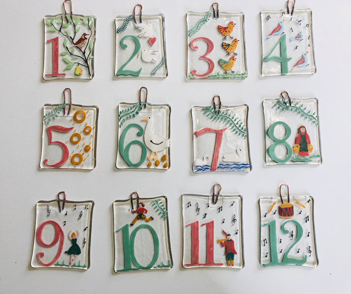 Handmade fused glass 12 days of Christmas hanger set 