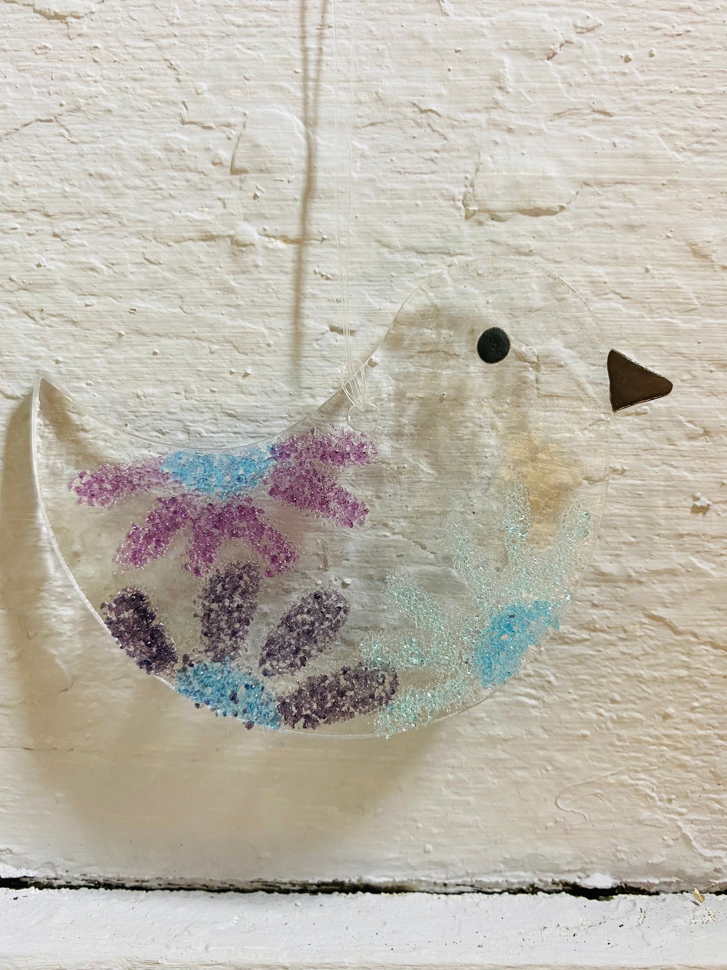 Handmade fused glass flowery bird 