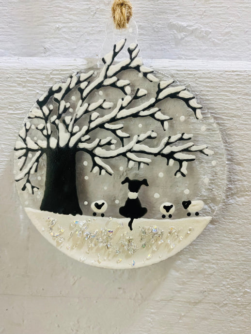 Winter sheep Dog & Flock Christmas Round Hanger
