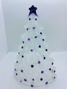 Handmade fused glass self standing Christmas tree in clear and royal purple 