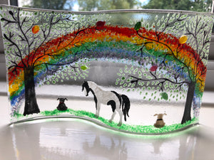 Handmade fused glass self standing horse rainbow