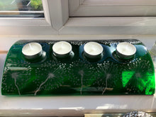 Load image into Gallery viewer, Handmade fused glass emerald green candle arch with dandelion detail