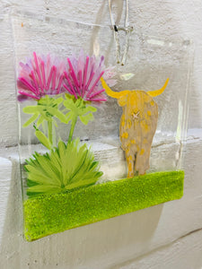 Handmade fused glass highland cow hanger 