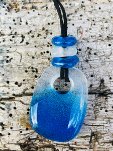 Handmade fused glass necklace pendant in blue fade with bead detail 