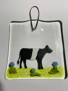 handmade fused glass wall hanger with belted galloway cow detail 
