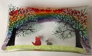 Handmade fused glass rainbow soap dish / trinket tray with fox & bunny detail 