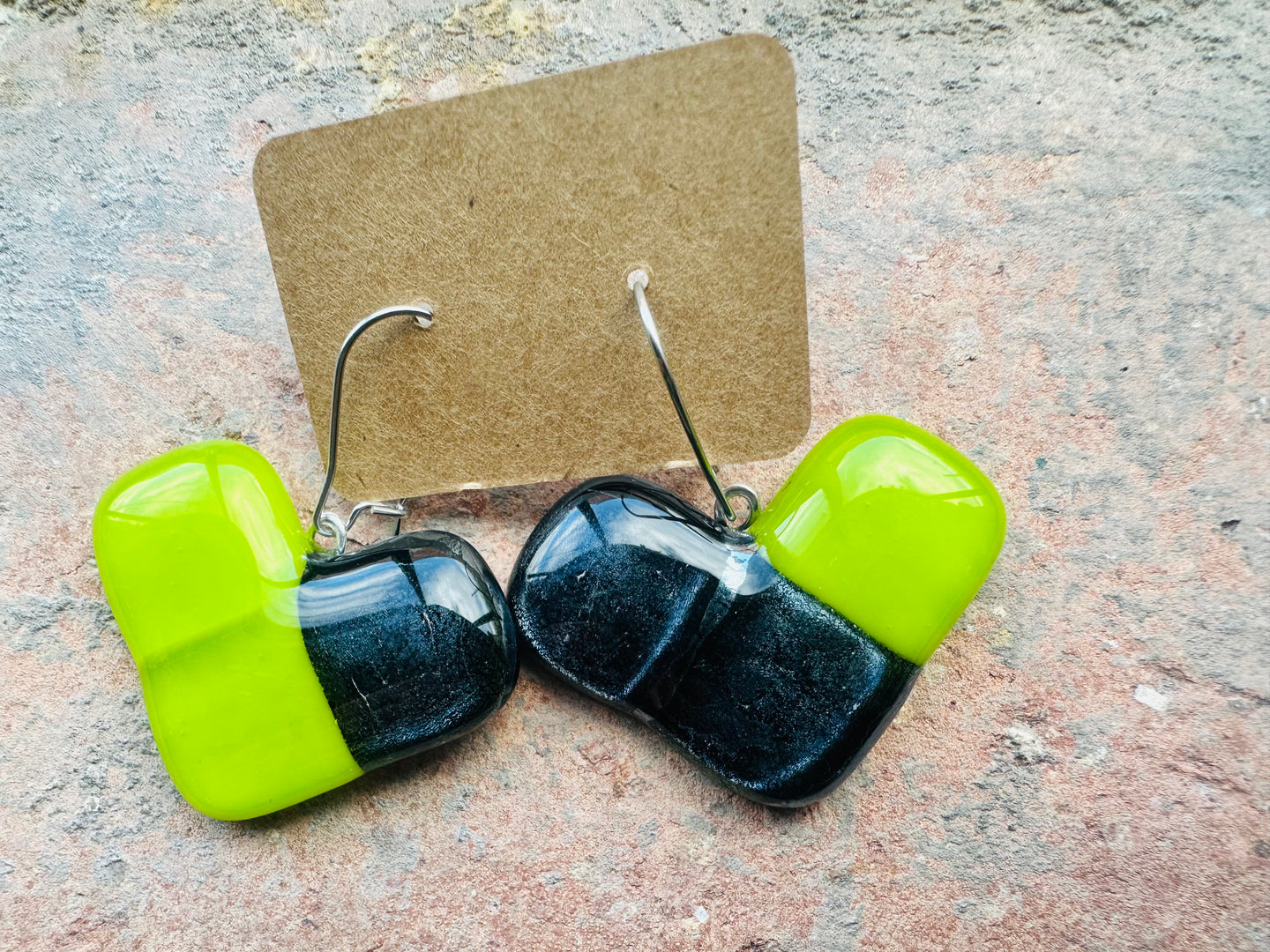 Lime Green and dicro Heart Drop Fused Glass Earrings