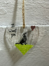 Load image into Gallery viewer, Fused Glass I Woof You Labrador hanging heart