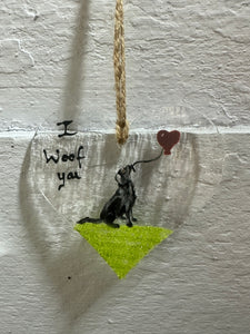 Fused Glass I Woof You Labrador hanging heart