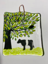 Load image into Gallery viewer, Handmade fused glass wall hanger with belted galloway cow detail 