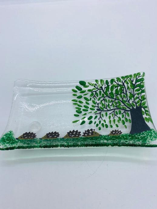 Handmade fused glass soap dish / trinket tray with hedgehog detail 