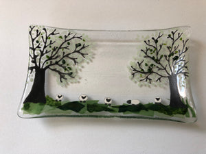Fused glass trinket tray with countryside and sheep detail