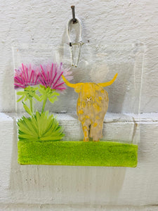 Fused Glass Highland Cow & Thistle Medium Wall Hanger