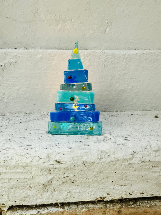Handmade fused glass icy clue tealight Christmas tree 