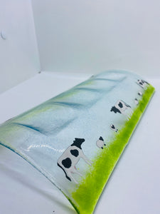 Handmade fused glass candle bridge with cow and countryside detail