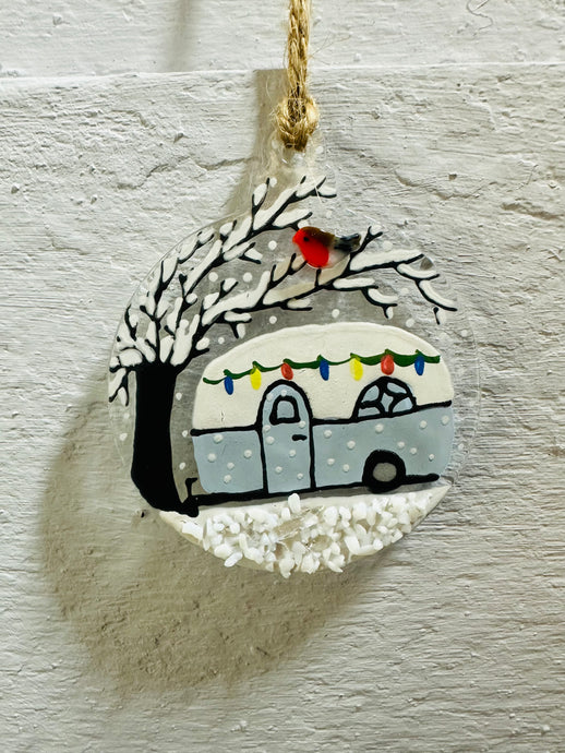 handmade fused glass caravan christmas bauble 