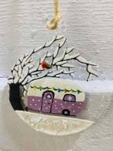 Load image into Gallery viewer, Handmade fused glass Christmas bauble with caravan detail 
