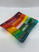 Load image into Gallery viewer, Fused glass Large Striped reds, oranges, yellows &amp; greens Dish