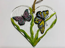 Load image into Gallery viewer, Handmade fused glass Hanging Heart with Butterfly detail 