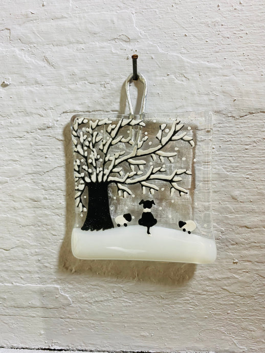 Winter sheep dog and sheep Countryside Wall Hanger