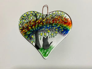 Rainbow Fused Glass Cat Heart