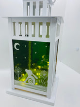 Load image into Gallery viewer, Fused glass lantern with different colour panels with moon hare detail 